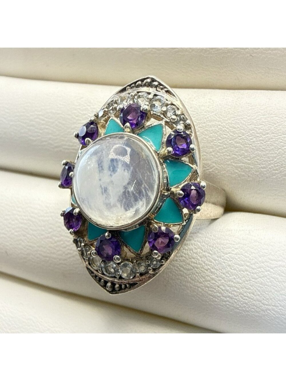 Nicky Butler Ring Amethyst Moonstone Enamel Sterling Silver sz 9 Blue Purple 925